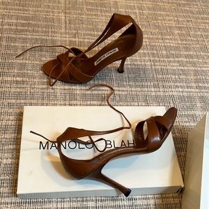 Manolo Blahnik 3.5” stacked wood heel, cognac leather sandals, size 36.